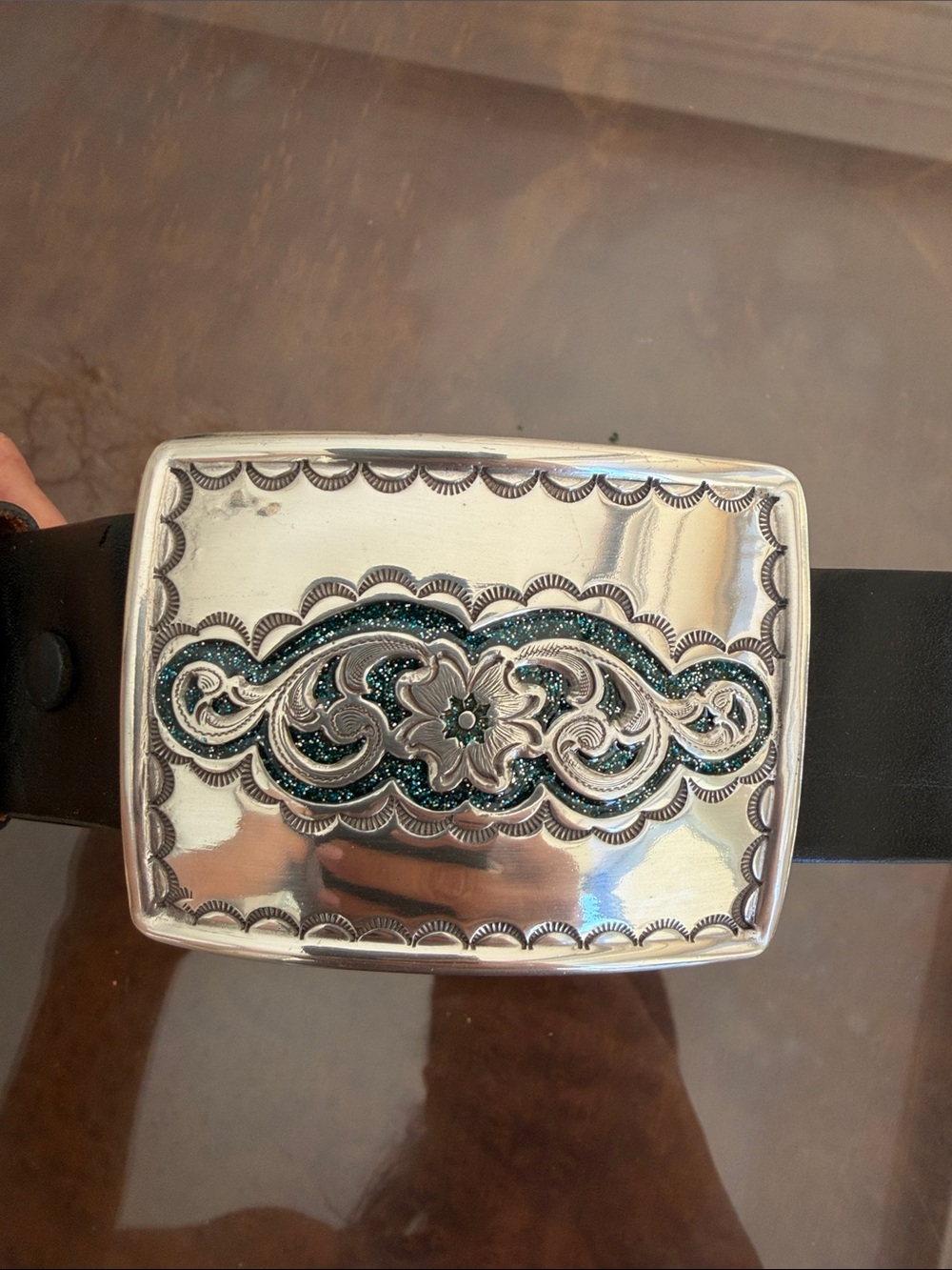 Women’s Black Leather Belt with Decorative Silver Buckle - Picture 2 of 7